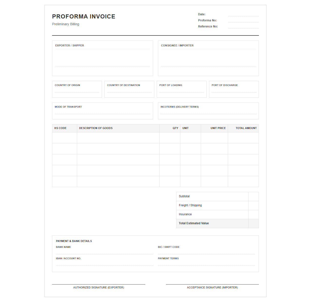 Preliminary Invoice Template for Import Export