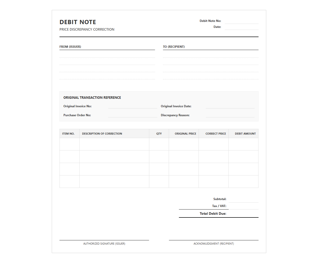 Price Discrepancy Correction Debit Invoice Template