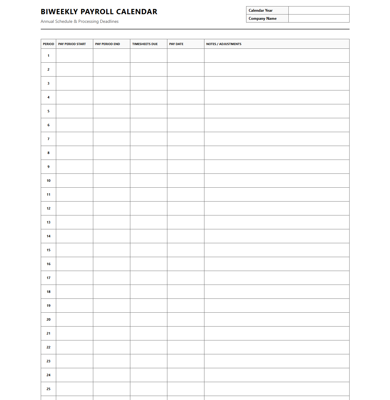 Printable Biweekly Payroll Calendar and Employee Ledger