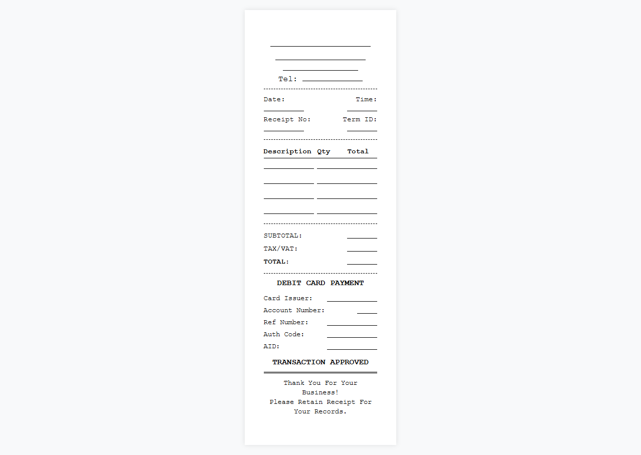 Printable Debit Card Sales Receipt Format