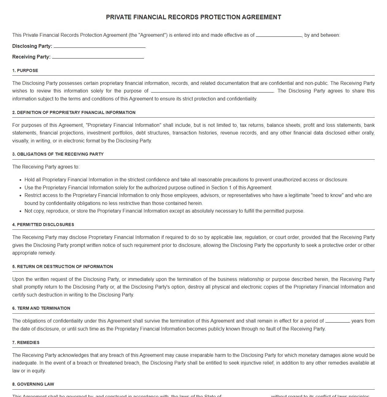 Private Financial Records Protection Agreement Template