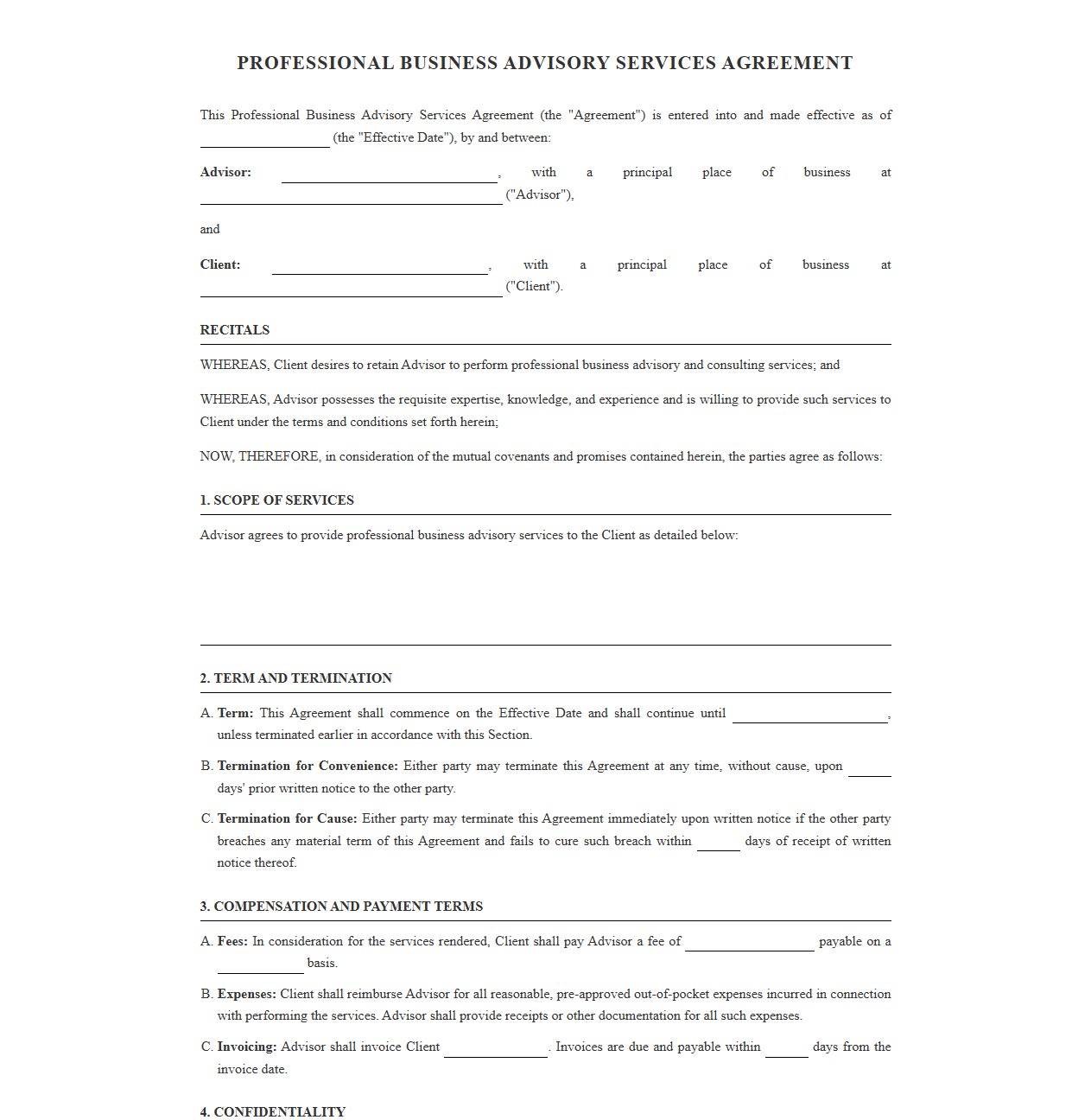 Professional Business Advisory Services Agreement