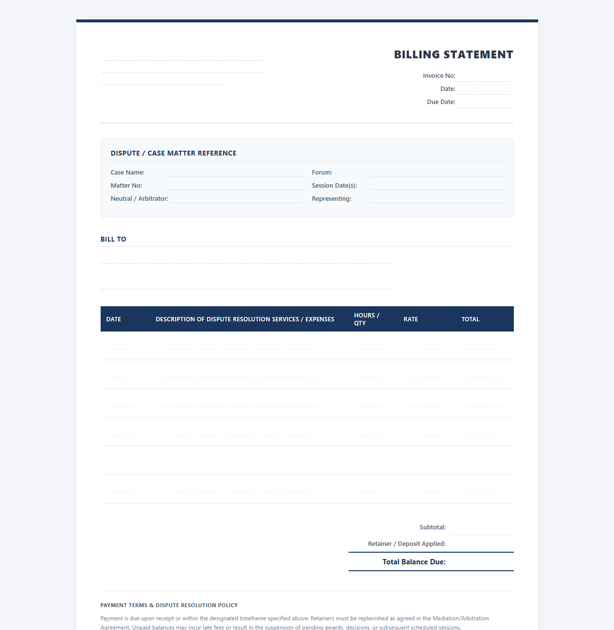 Professional Dispute Resolution Billing Statement
