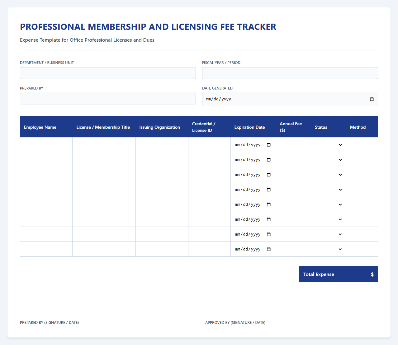 Professional Membership and Licensing Fee Tracker