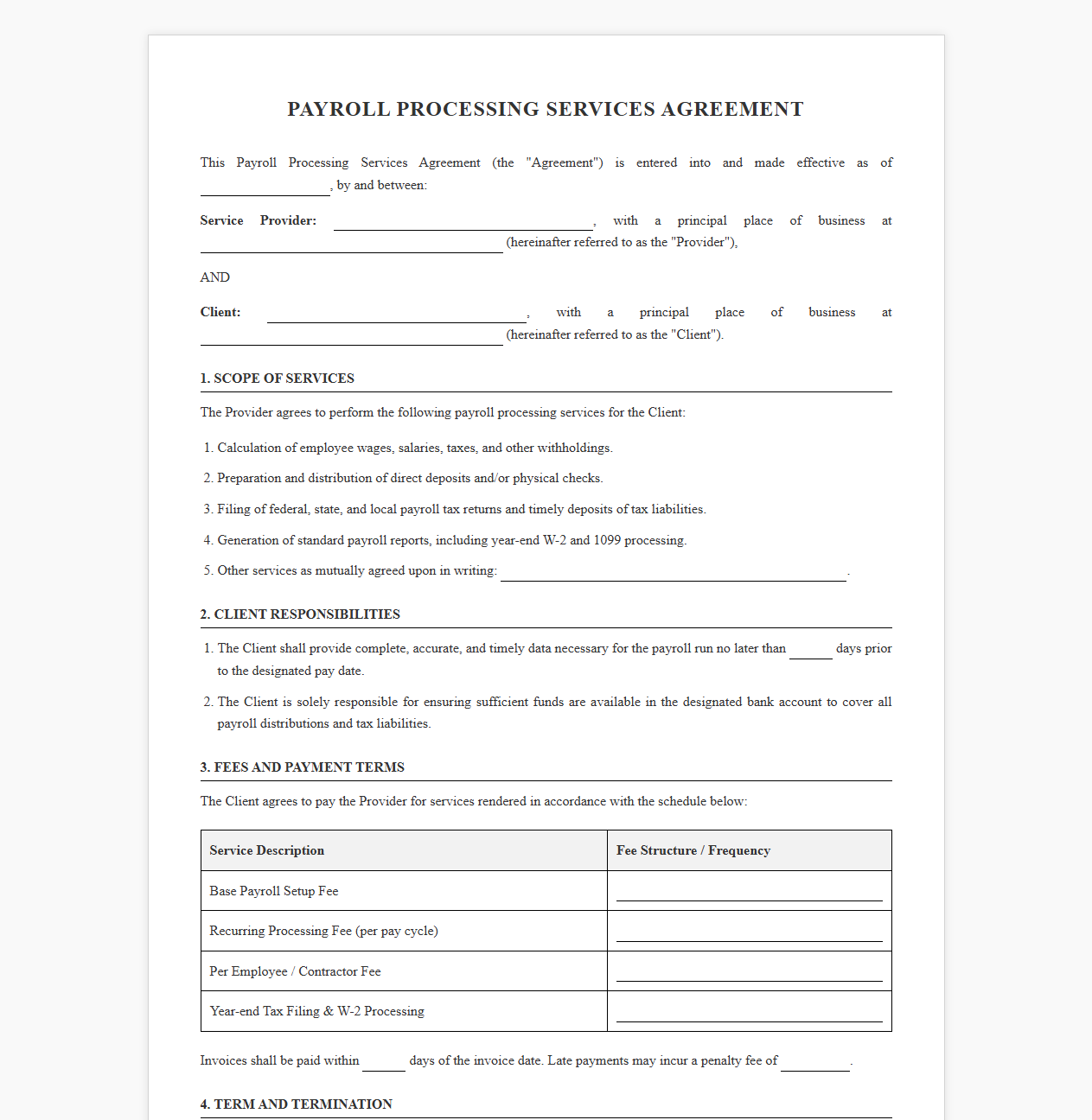 Professional Payroll Services Agreement Form