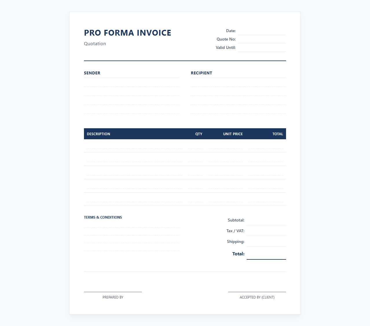 Professional Quote and Pro Forma Invoice Sheet