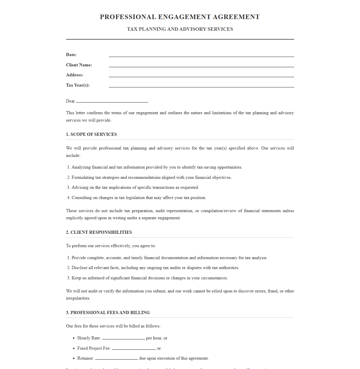 Professional Tax Advisory and Planning Engagement Letter