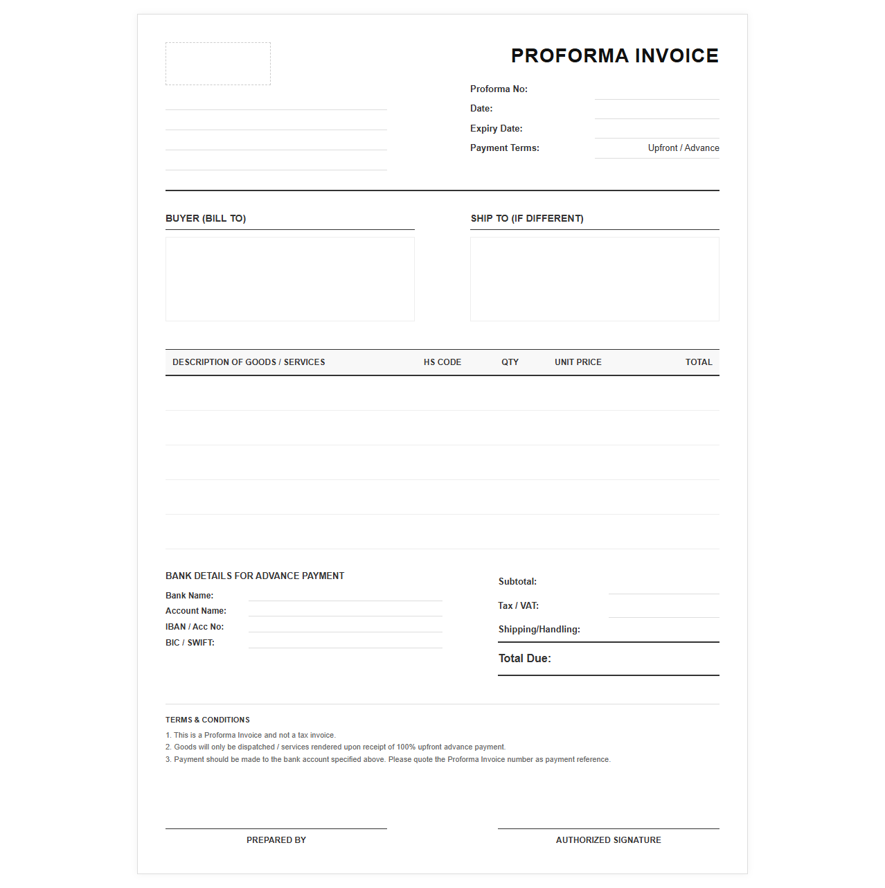 Proforma Invoice for Upfront Payment