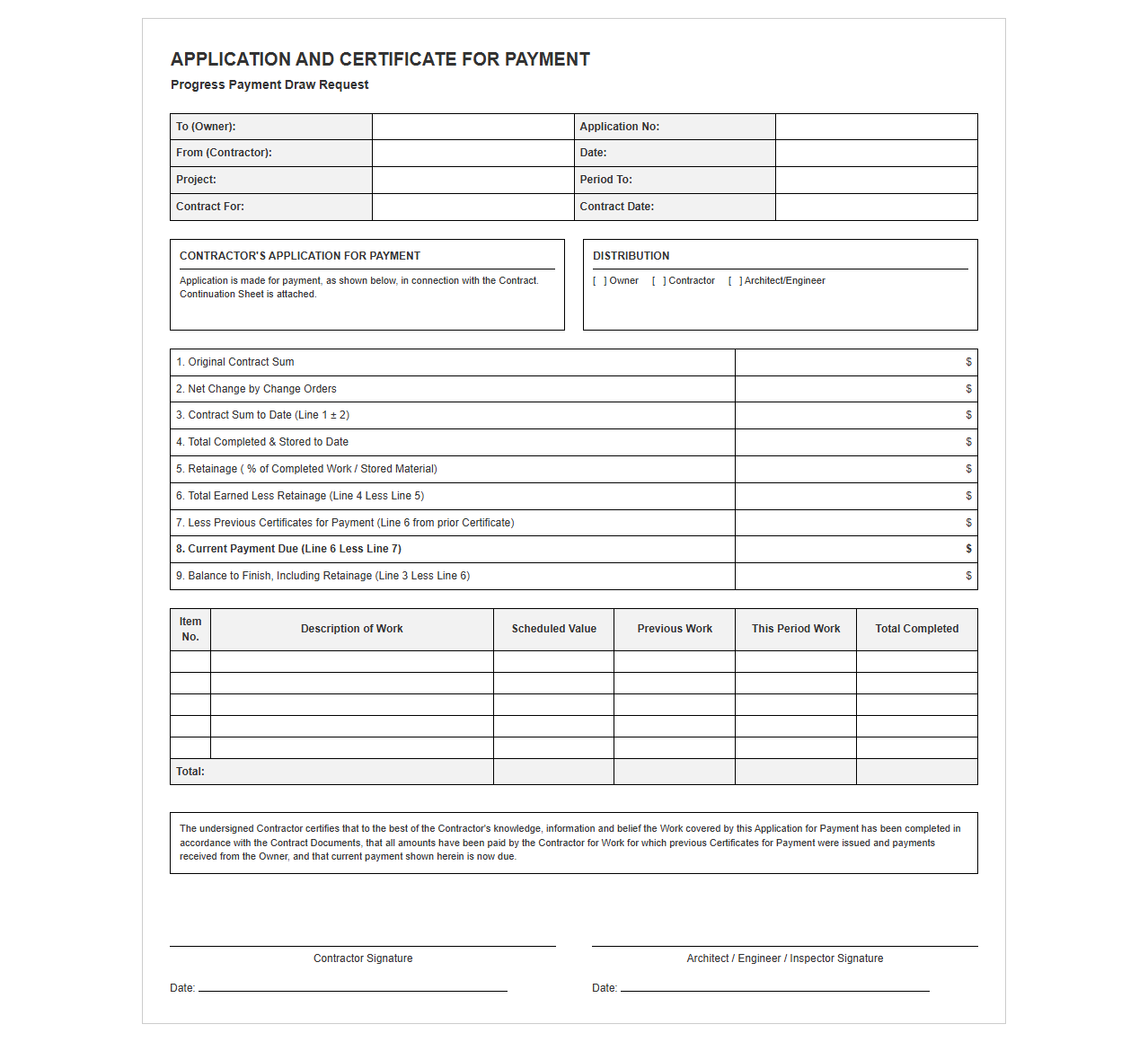 Progress Payment Draw Request Invoice