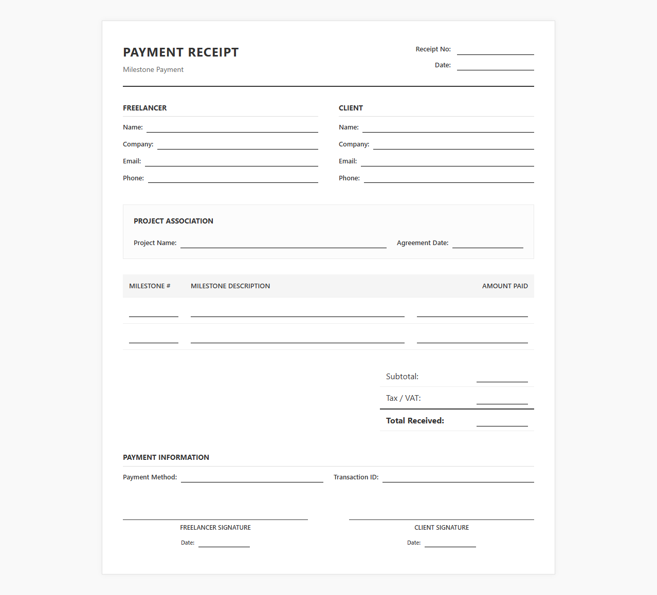 Project-Based Freelance Milestone Payment Receipt
