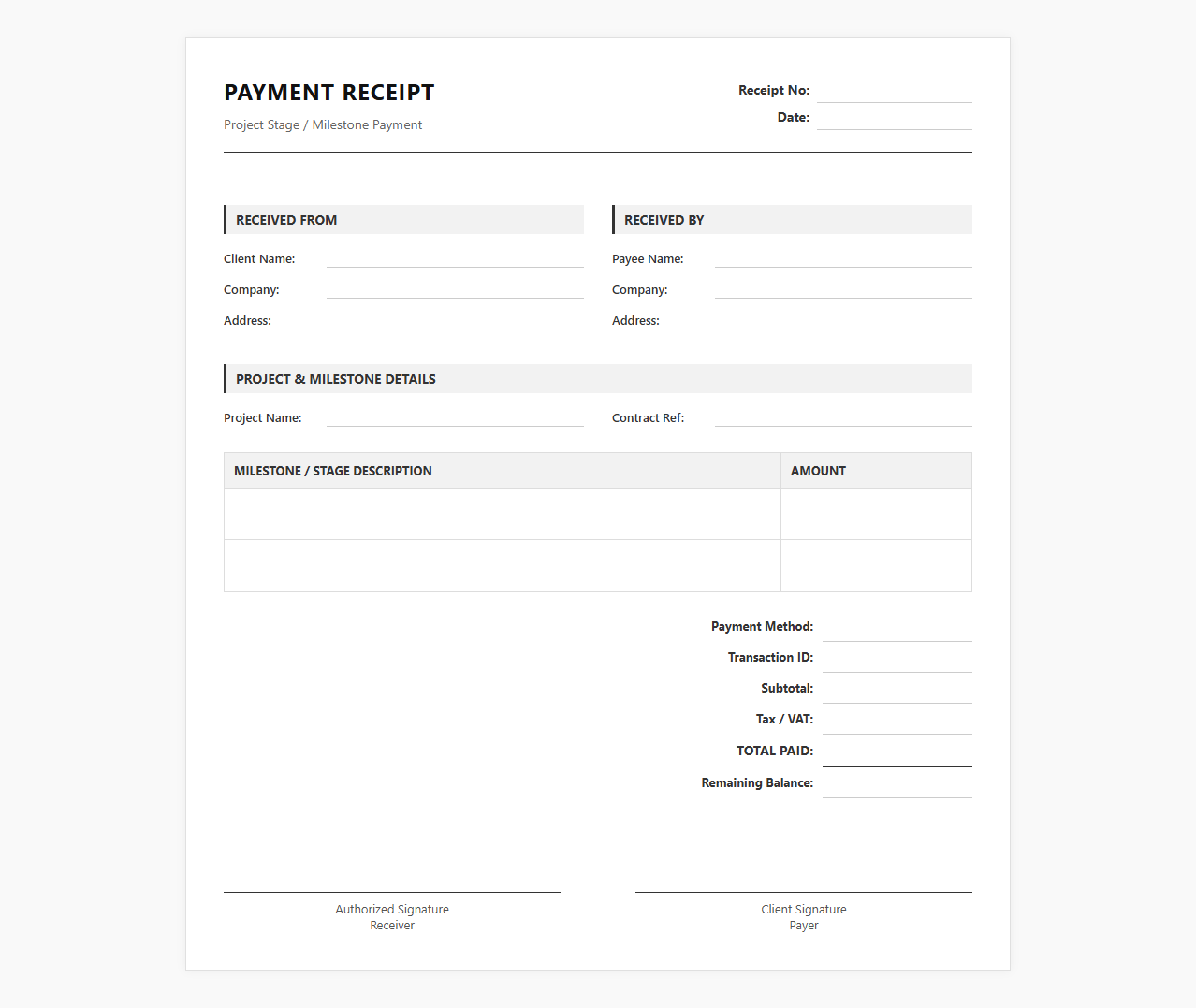 Project Stage Payment Receipt Form