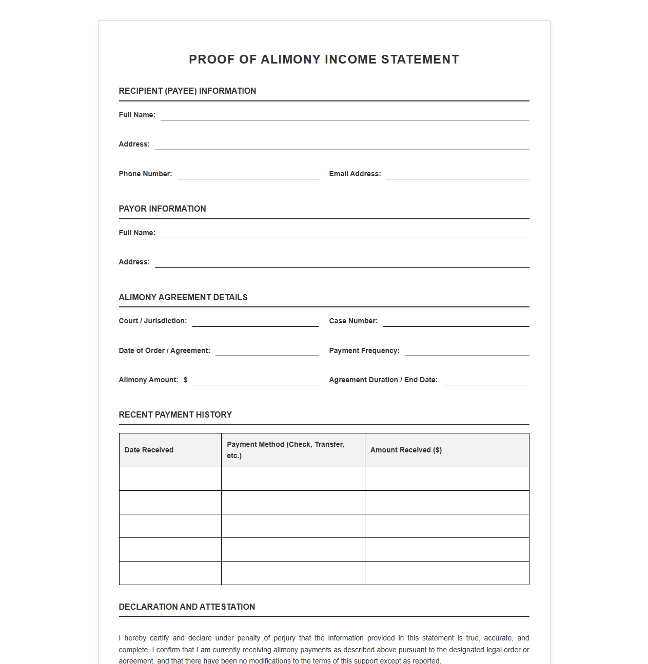 Proof of Alimony Income Statement Template
