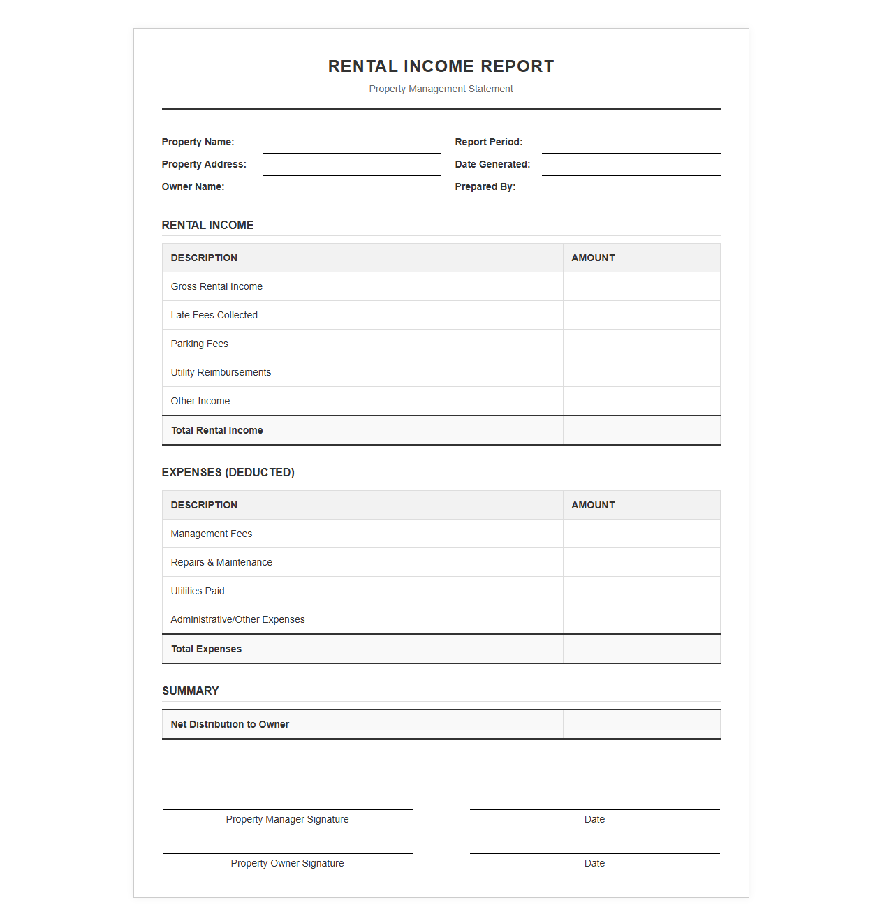Property Management Rental Income Report