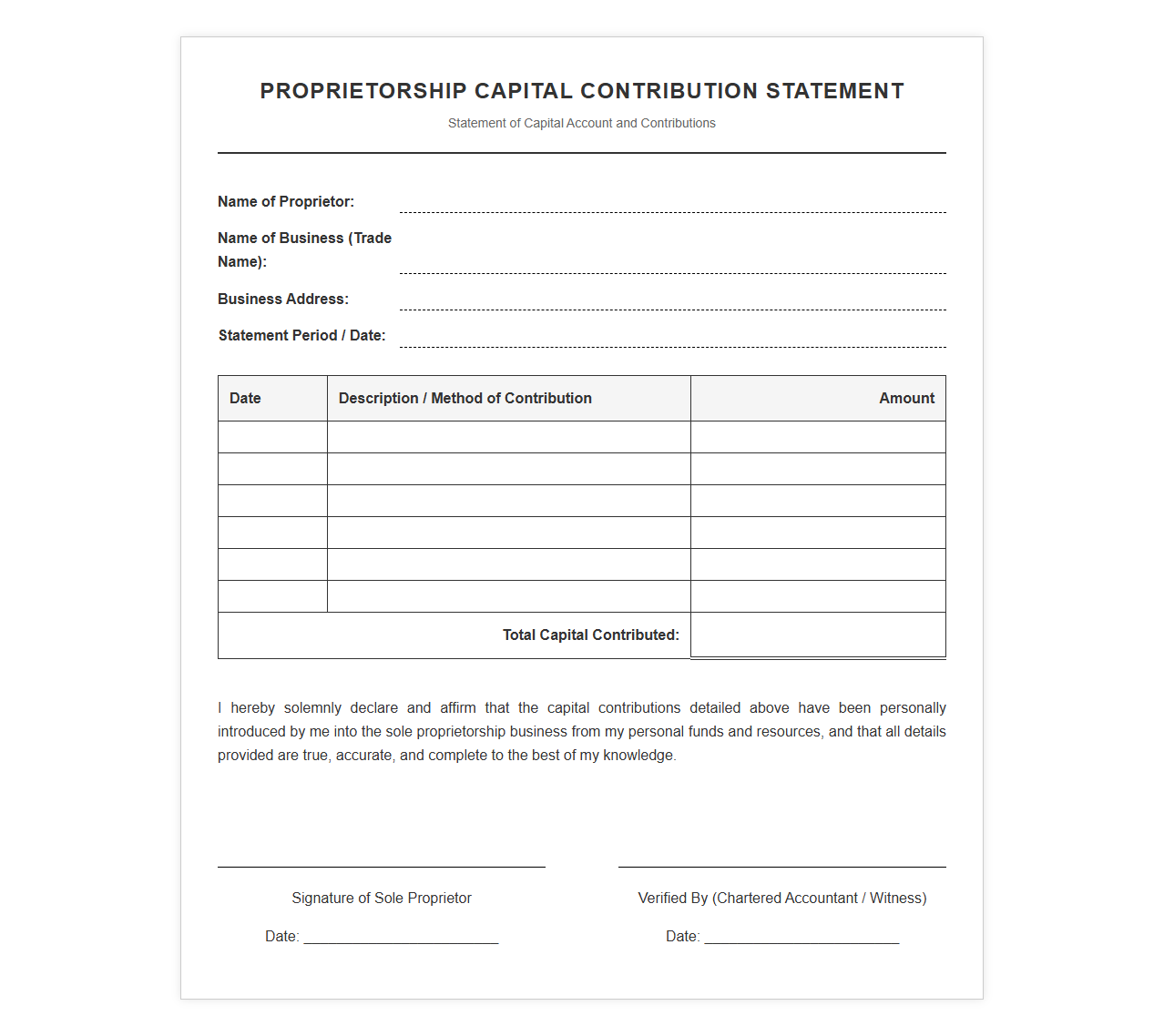 Proprietorship Capital Contribution Statement