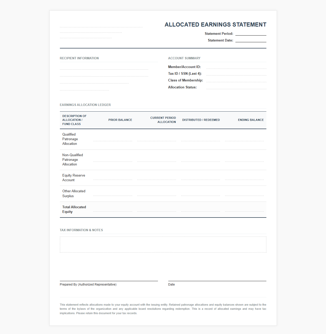 Quarterly Allocated Earnings Statement Layout