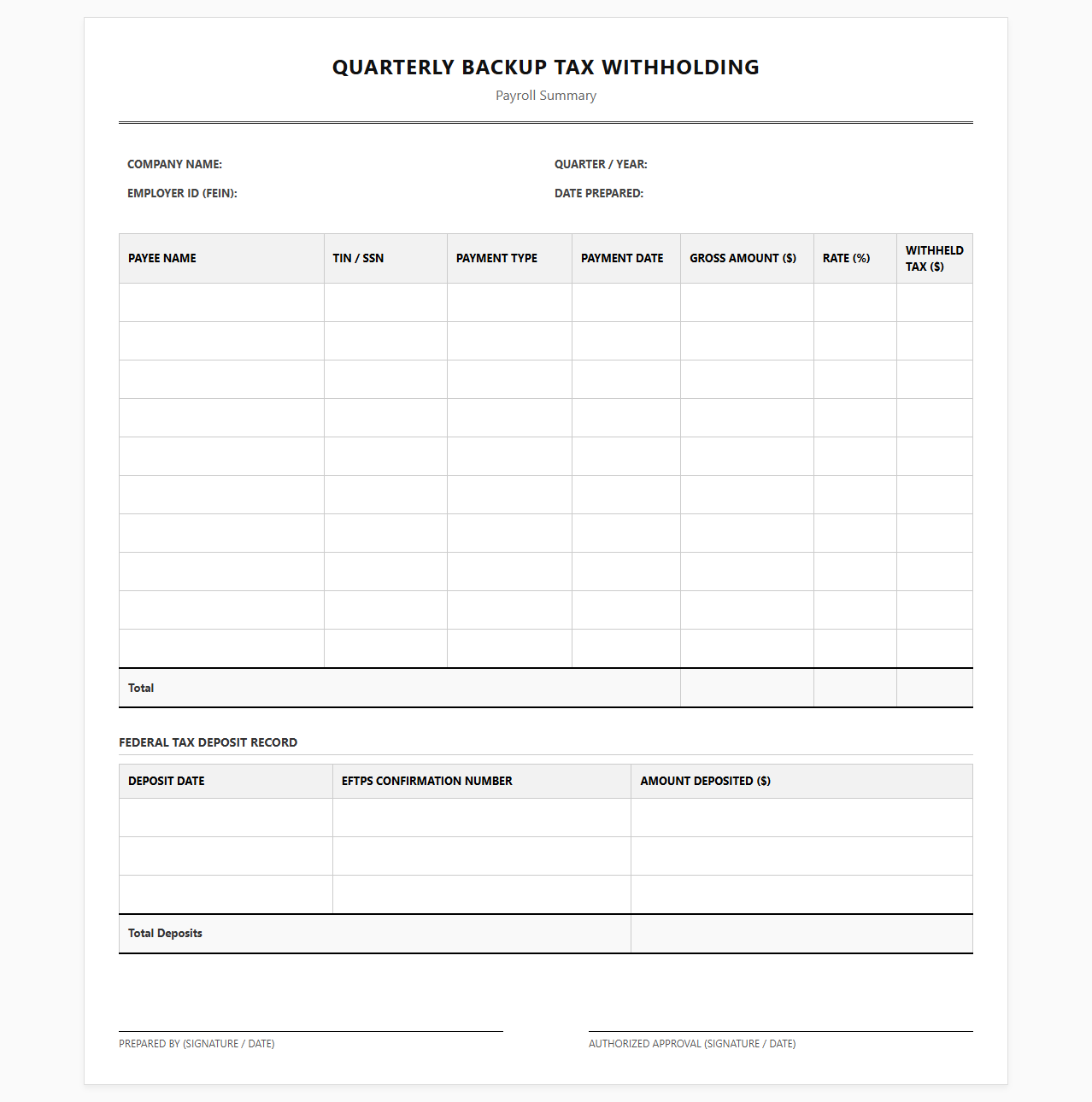 Quarterly Backup Tax Withholding Payroll Summary