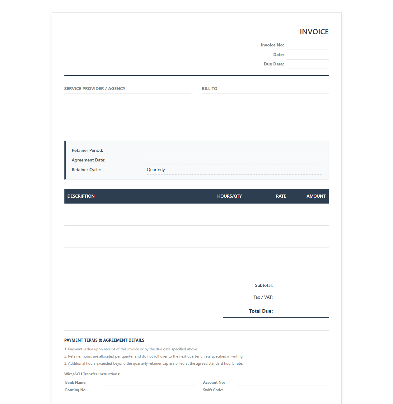 Quarterly Retainer Agreement Billing Template