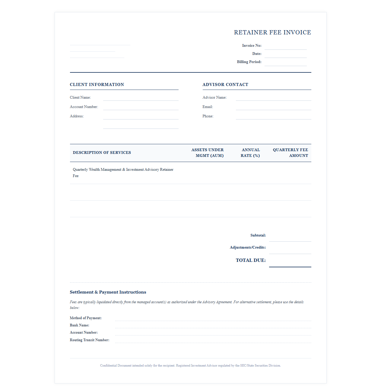 Quarterly Wealth Management Retainer Fee Invoice