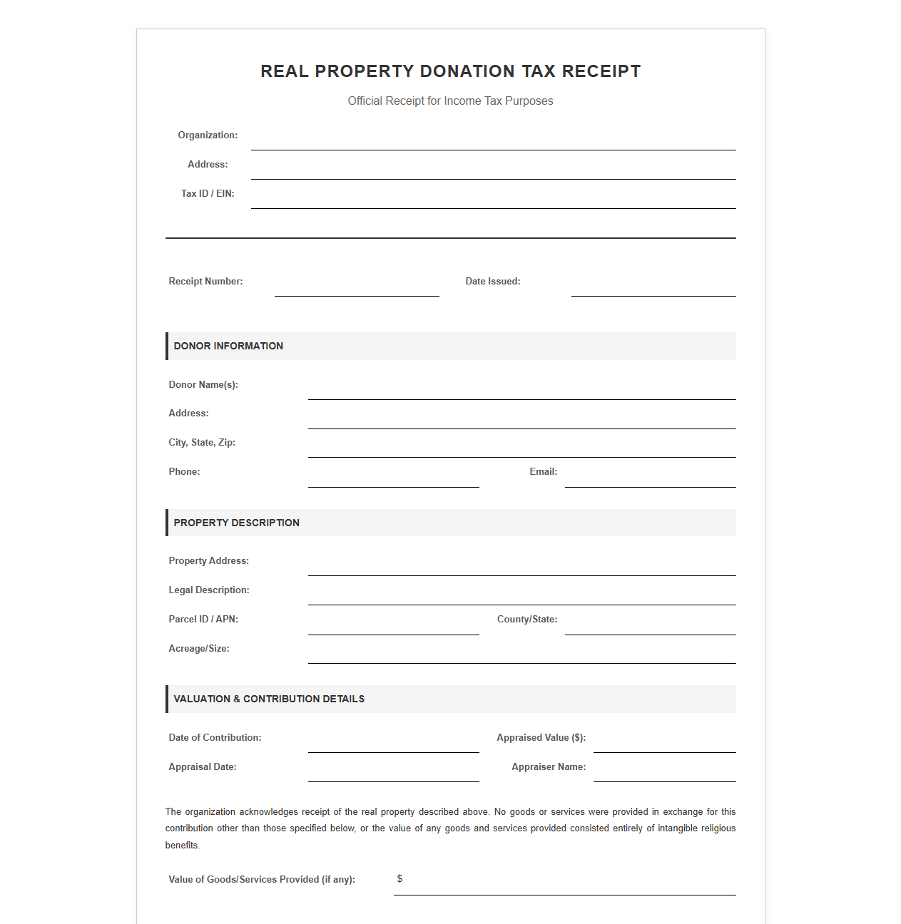 Real Property Donation Tax Receipt Template
