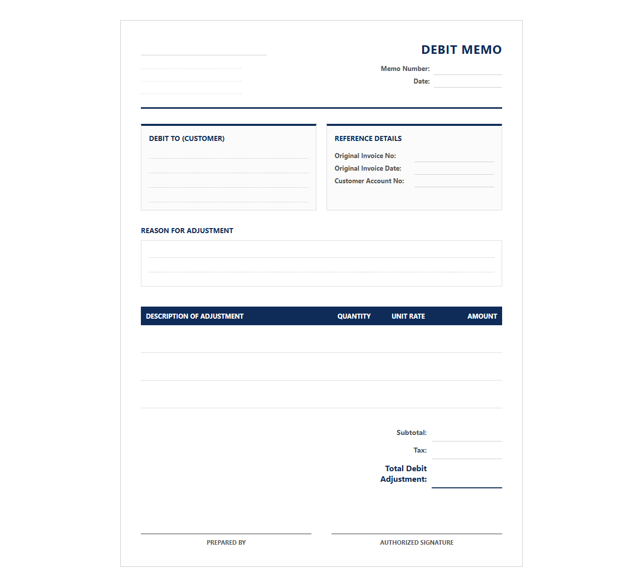 Receivable Debit Adjustment Memo Template