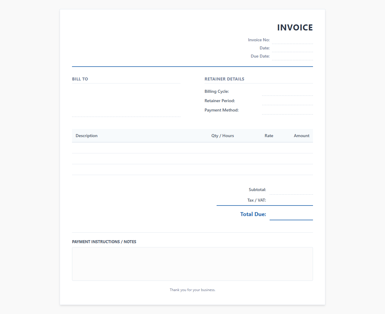 Recurring Bookkeeping Retainer Fee Invoice