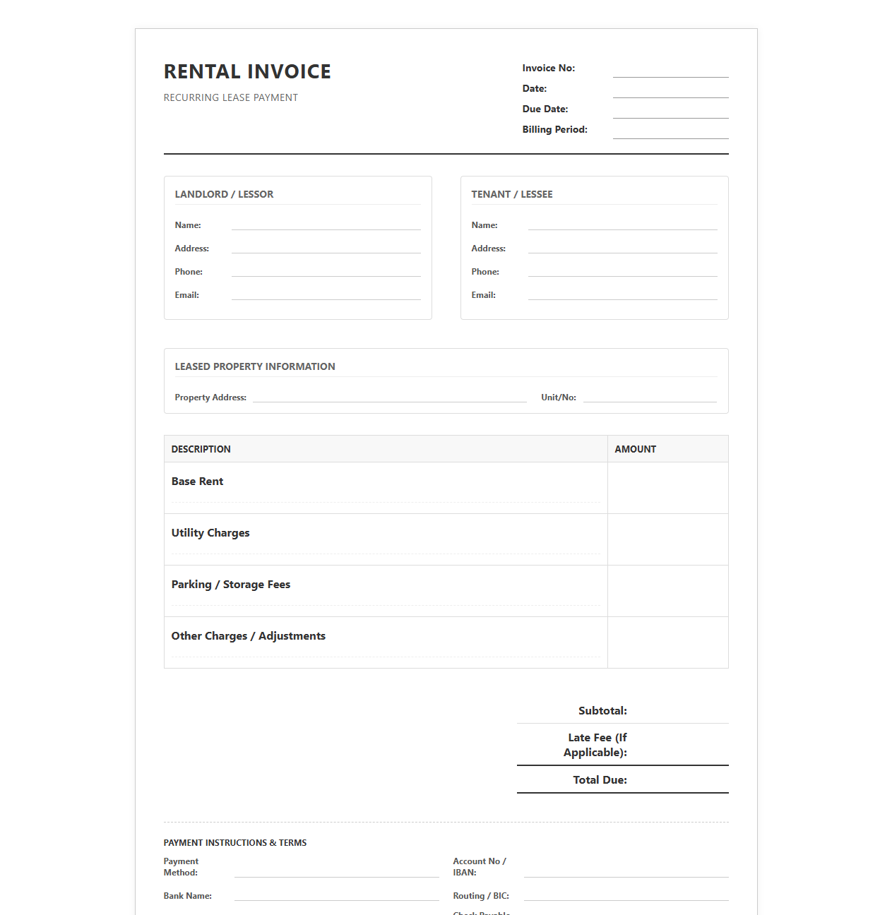 Recurring Lease Payment Invoice Form