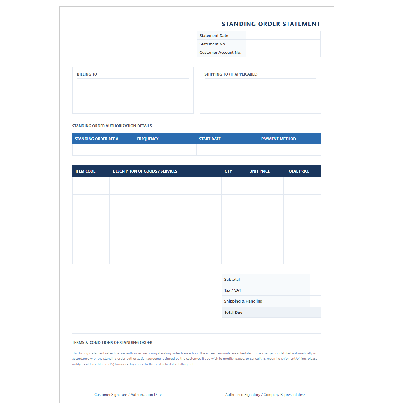 Recurring Standing Order Billing Statement