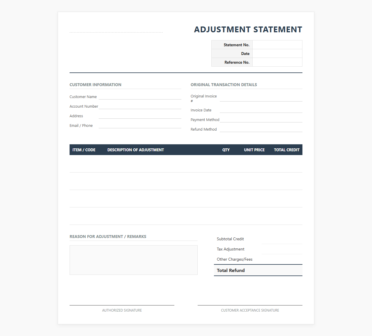 Refund and Adjustment Statement Form