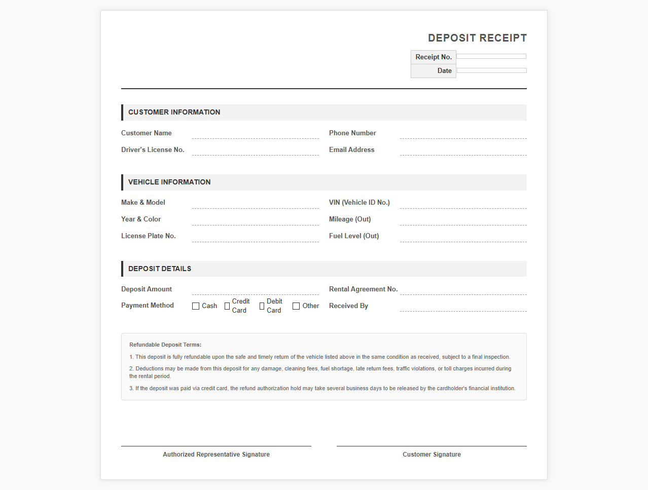 Refundable Car Rental Deposit Receipt