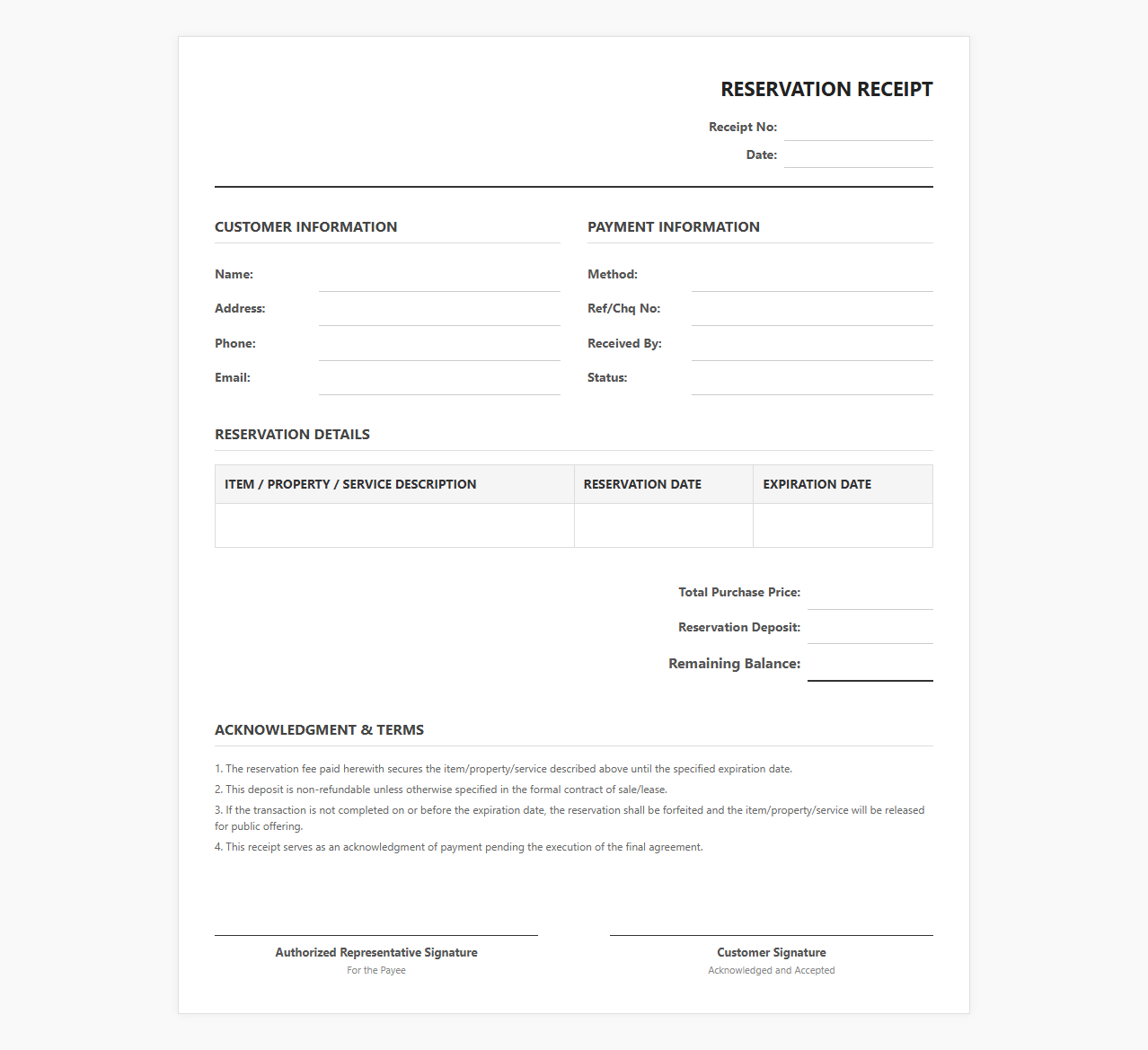 Reservation Fee Acknowledgment Receipt