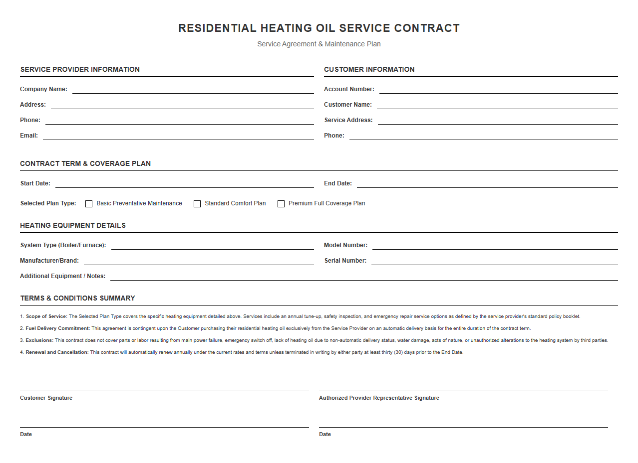 Residential Heating Oil Service Contract