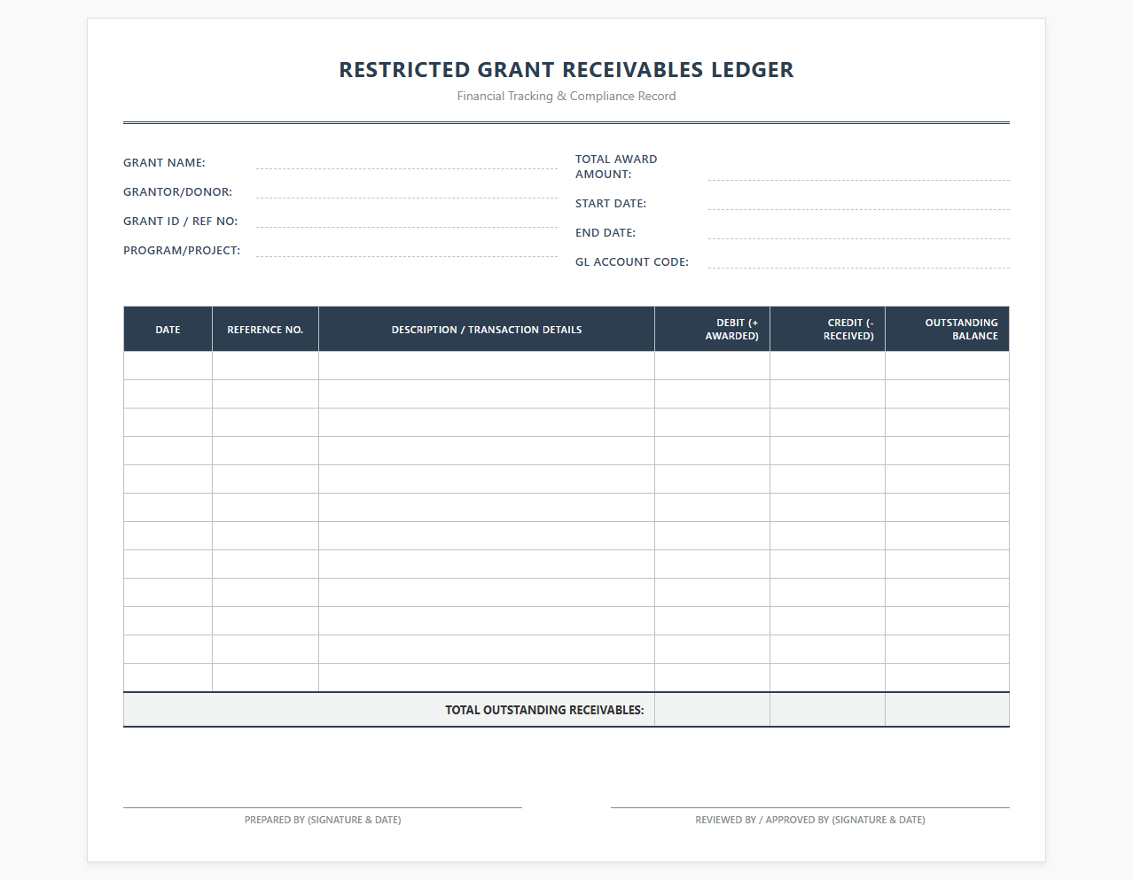 Restricted Grant Receivables Ledger Template