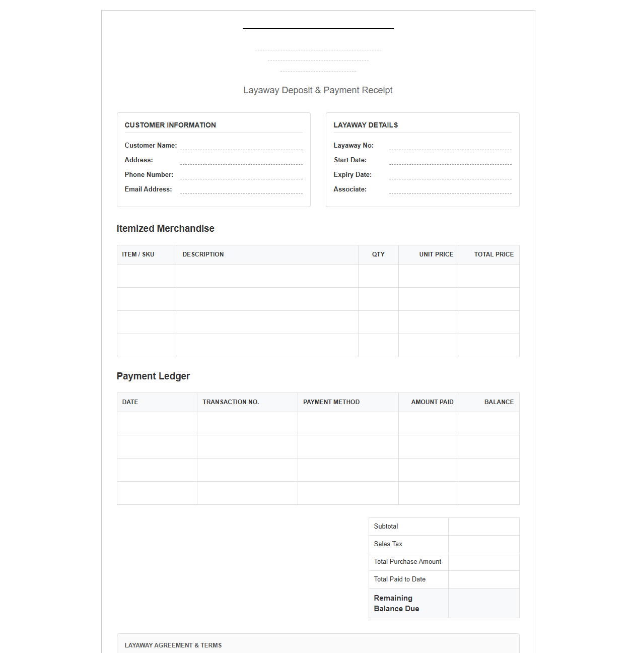 Retail Layaway Deposit and Payment Receipt