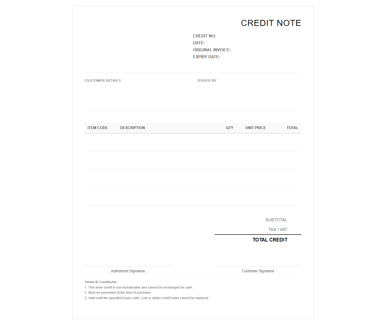 Retail Store Credit Note Receipt Template