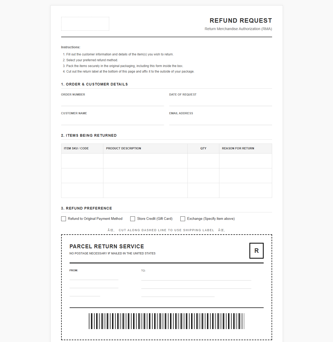 Retail Website Refund Request and Return Label Template