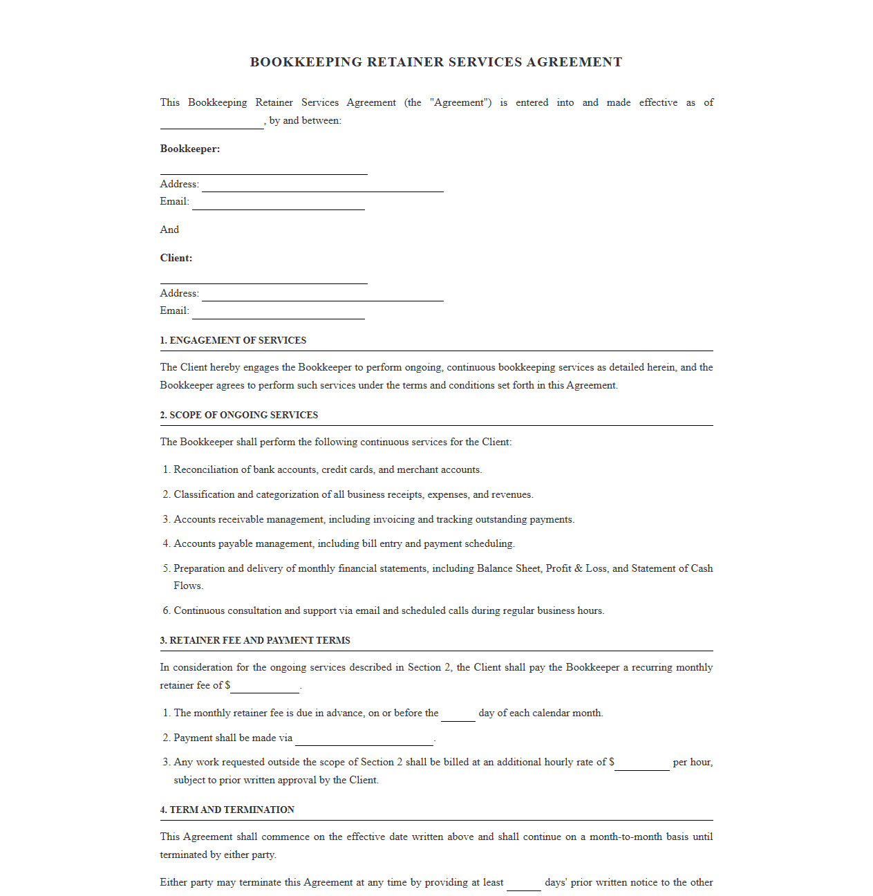 Retainer Agreement for Continuous Bookkeeping Support