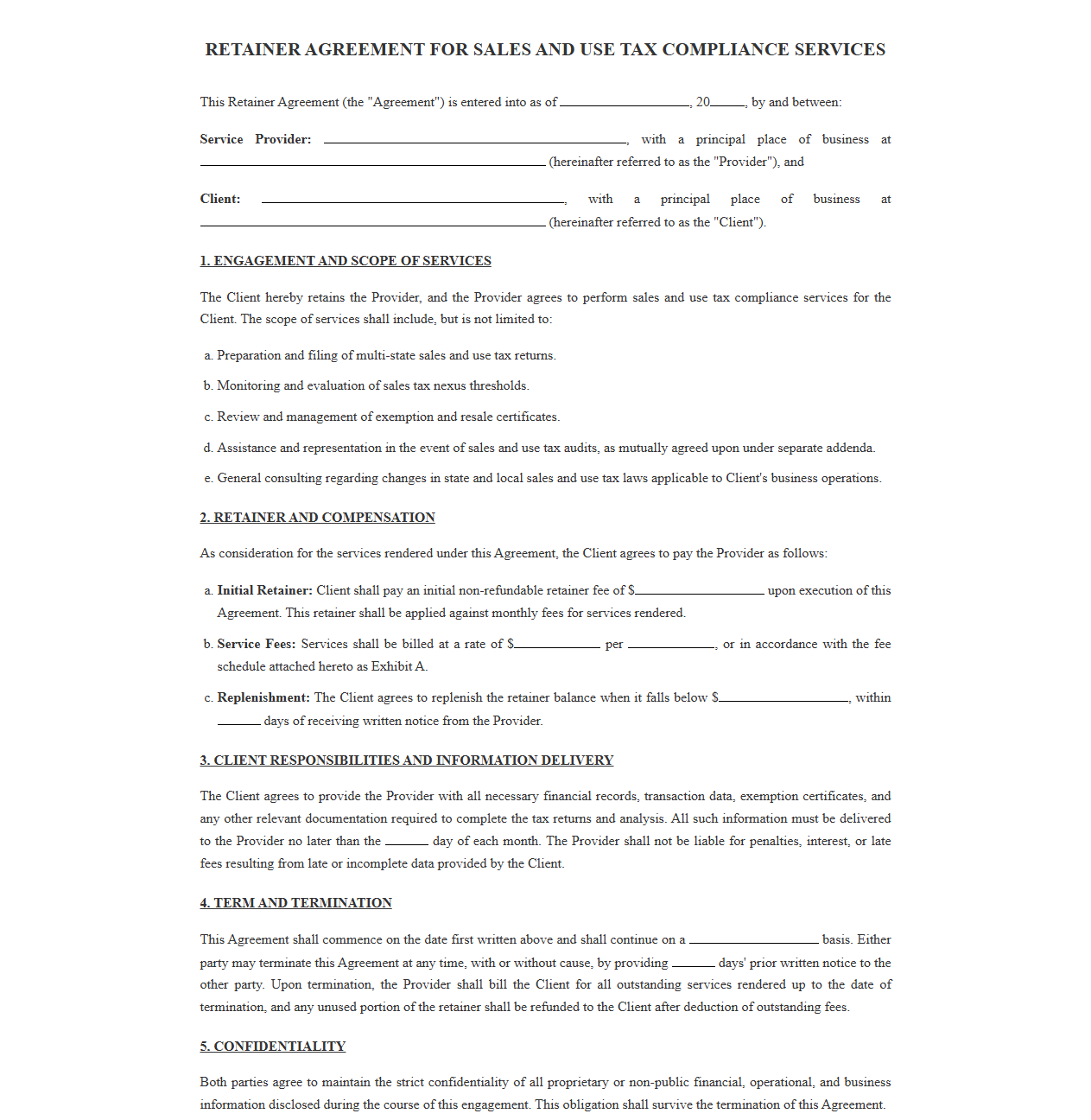 Retainer Agreement for Sales and Use Tax Compliance Services