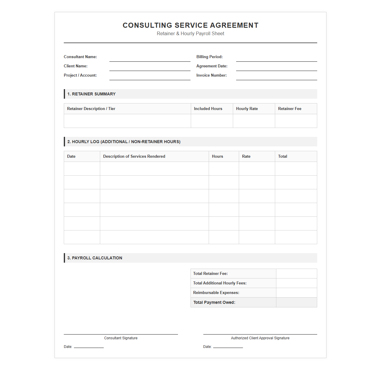 Retainer and Hourly Payroll Sheet for Consultants