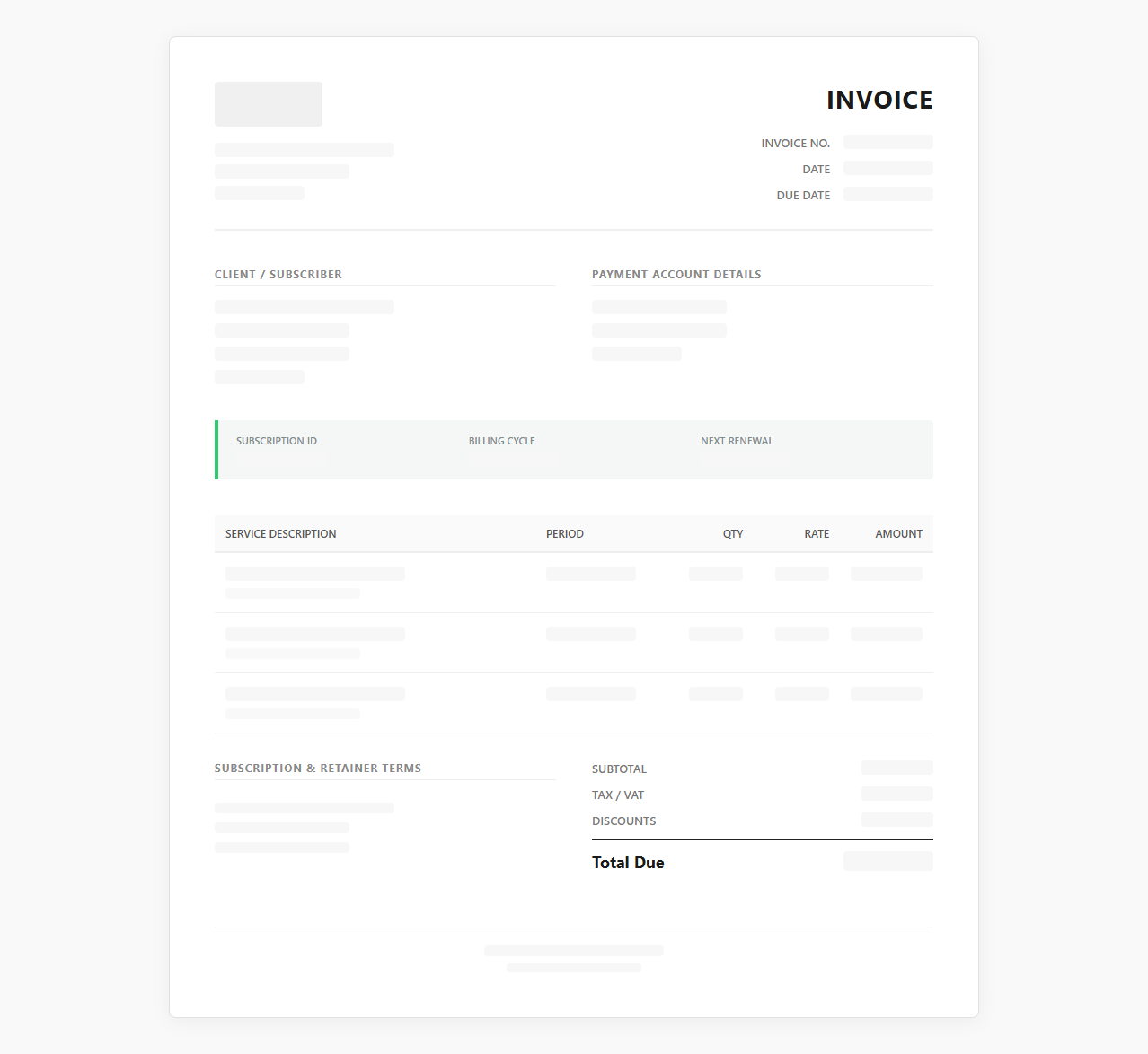 Retainer and Subscription Service Invoice Layout