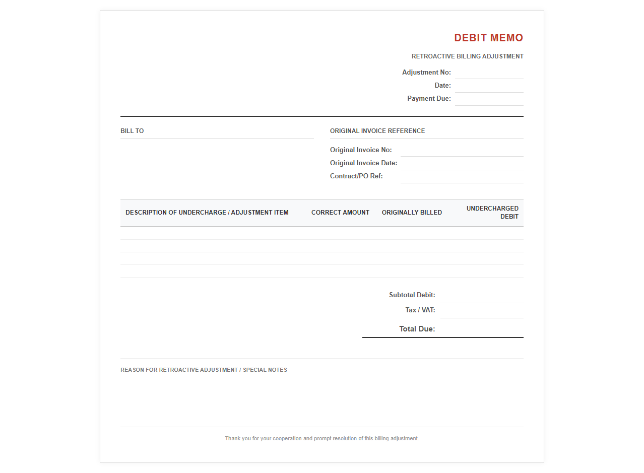 Retroactive Billing Adjustment Invoice