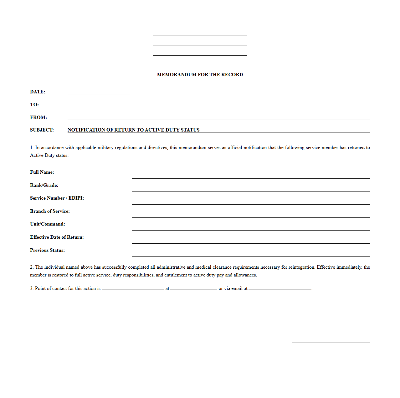 Return to Active Duty Status Notification Template
