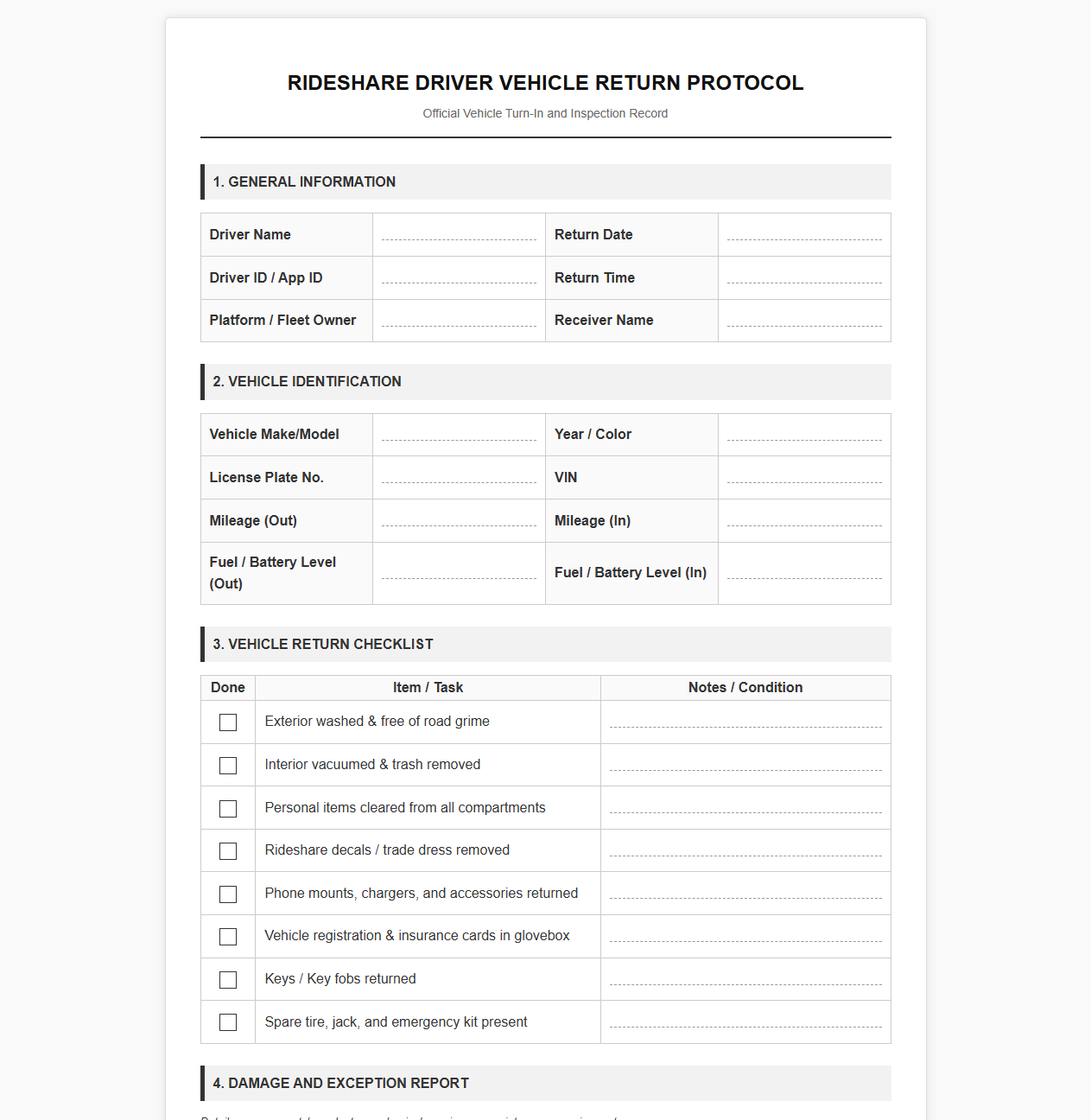 Rideshare Driver Vehicle Return Protocol Template