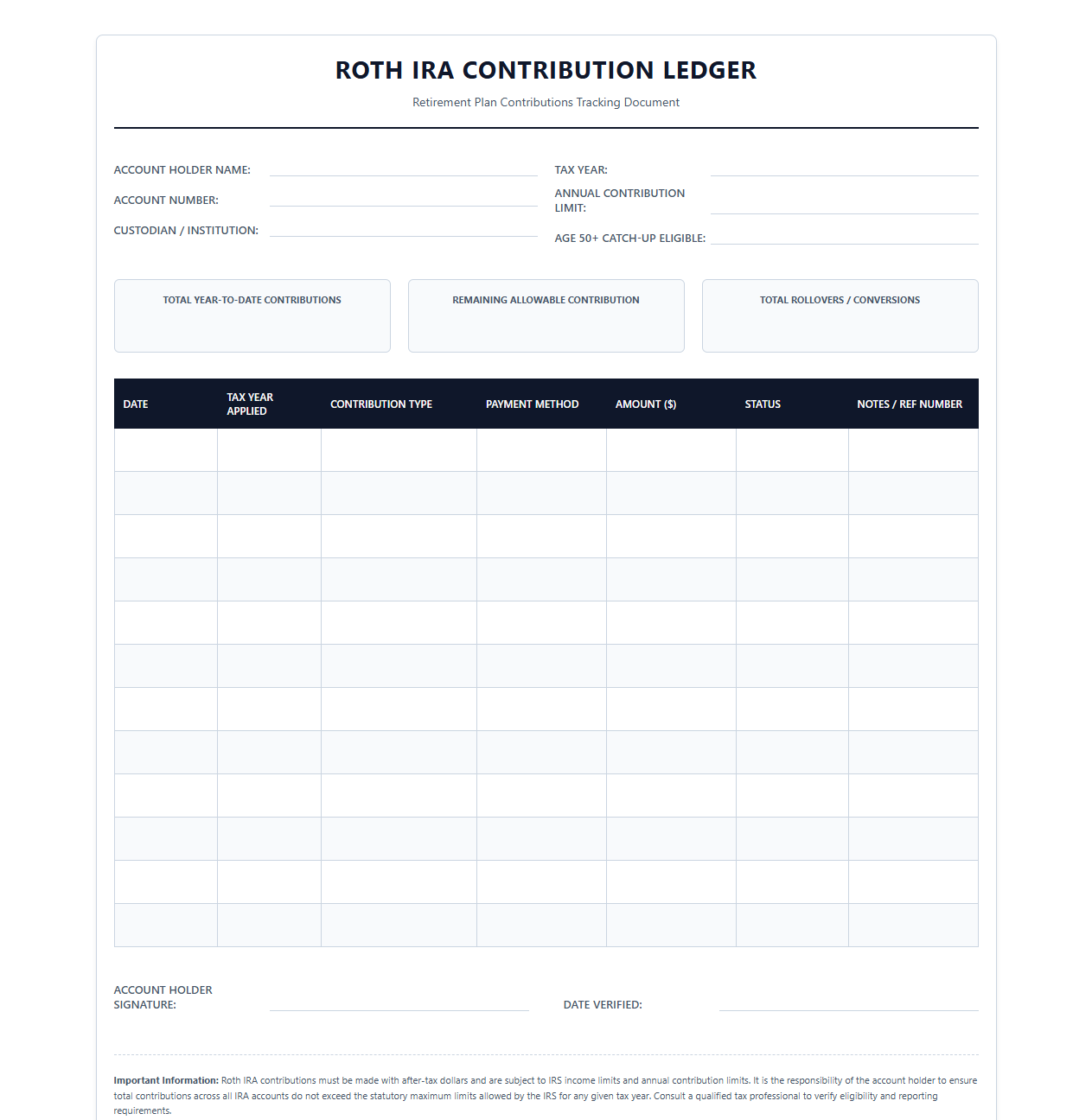 Roth IRA Contribution Ledger Template