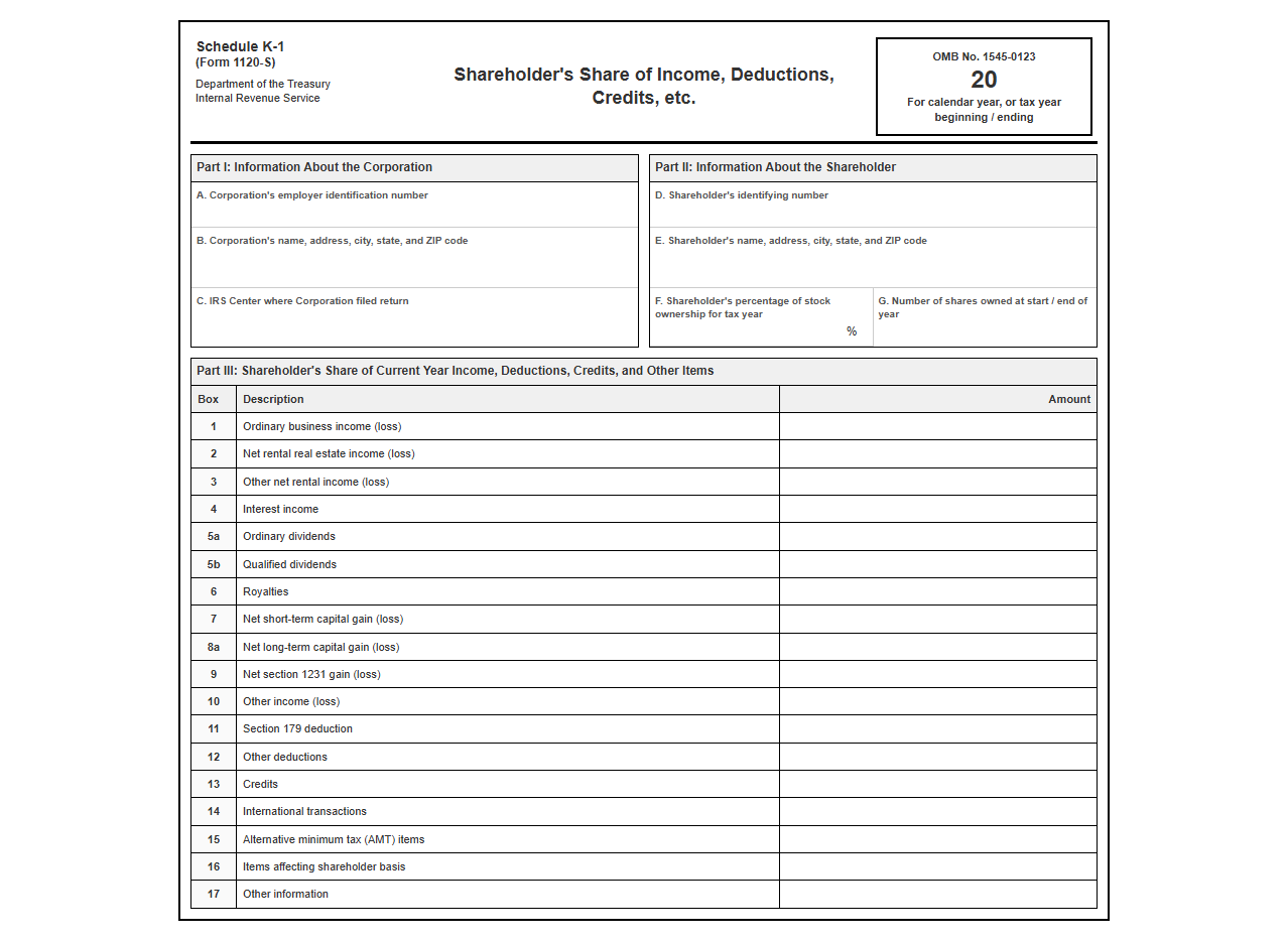 S Corp Schedule K-1 Earnings Statement Template