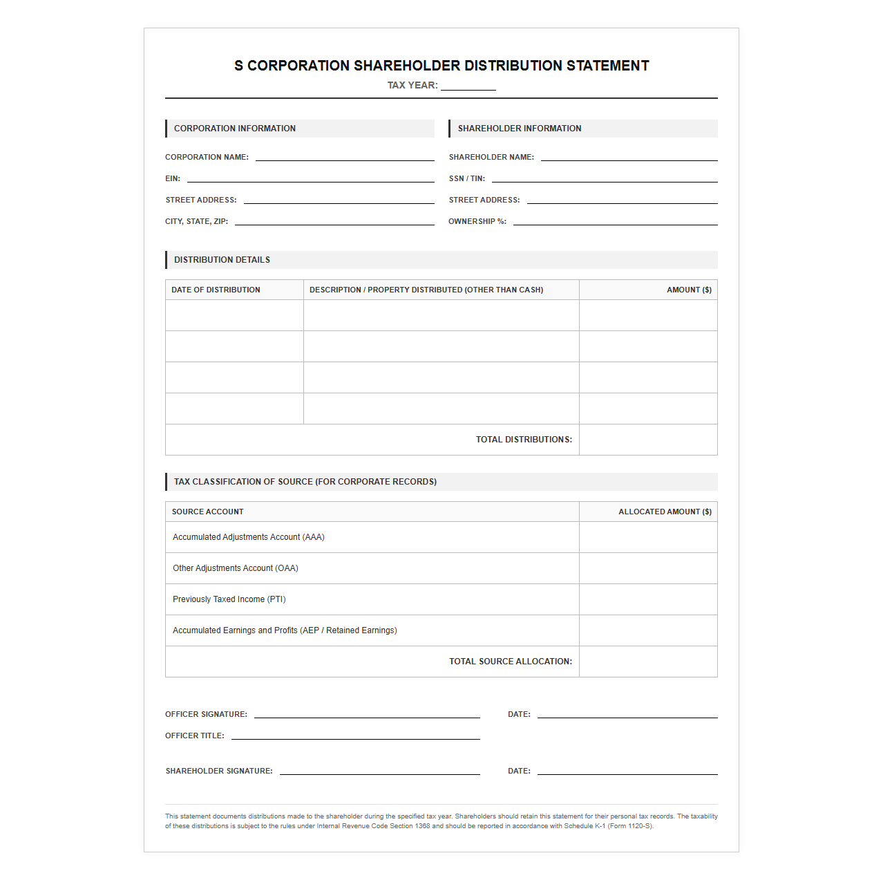 S Corporation Shareholder Distribution Statement