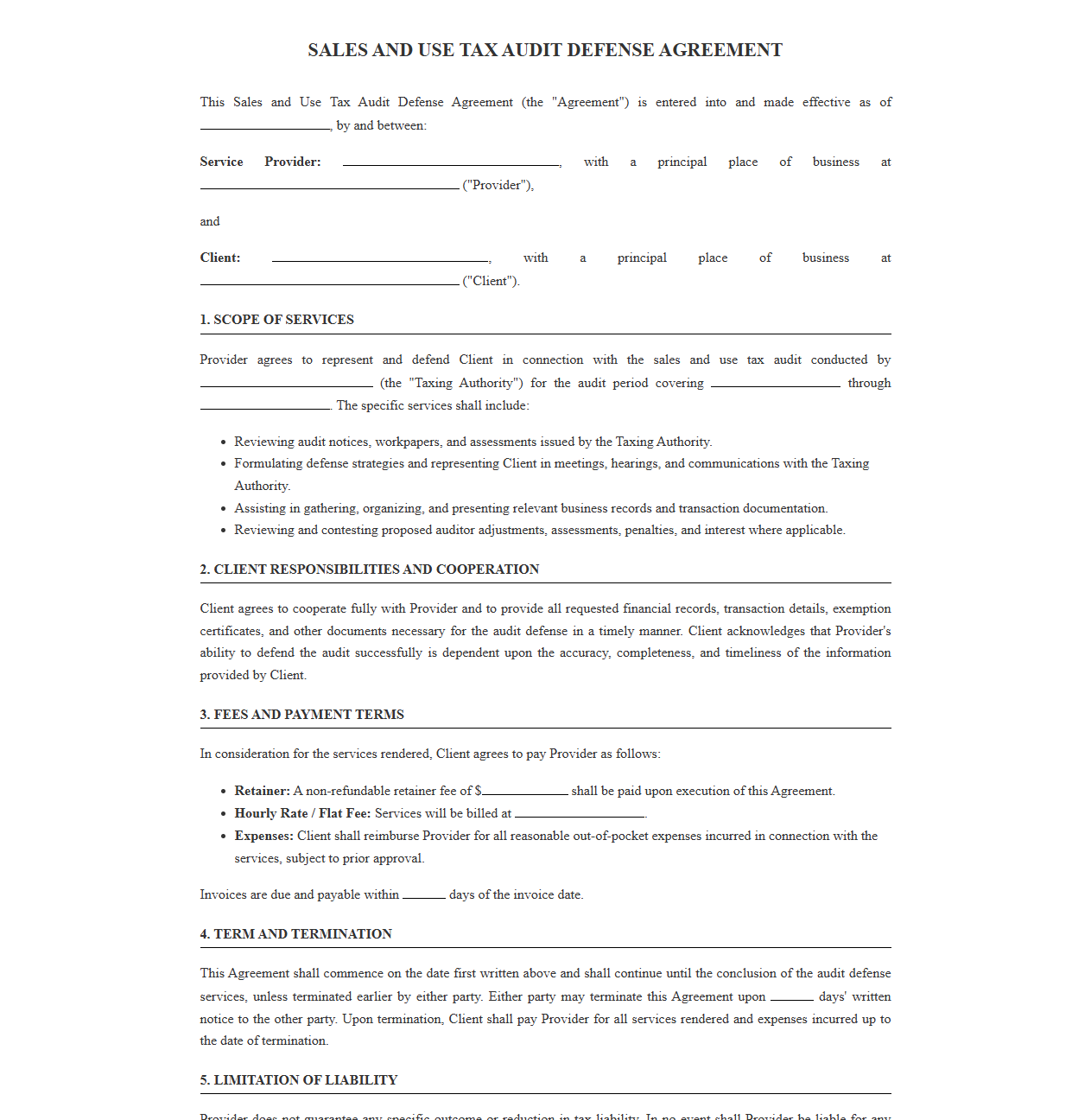 Sales and Use Tax Audit Defense Agreement