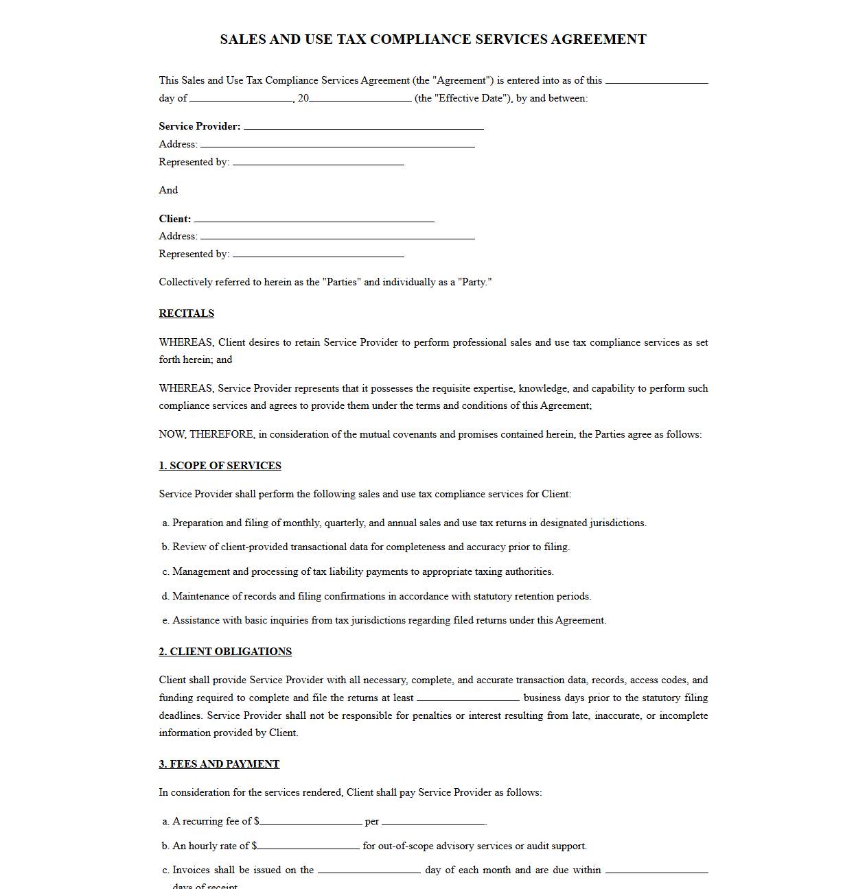Sales and Use Tax Compliance Services Agreement