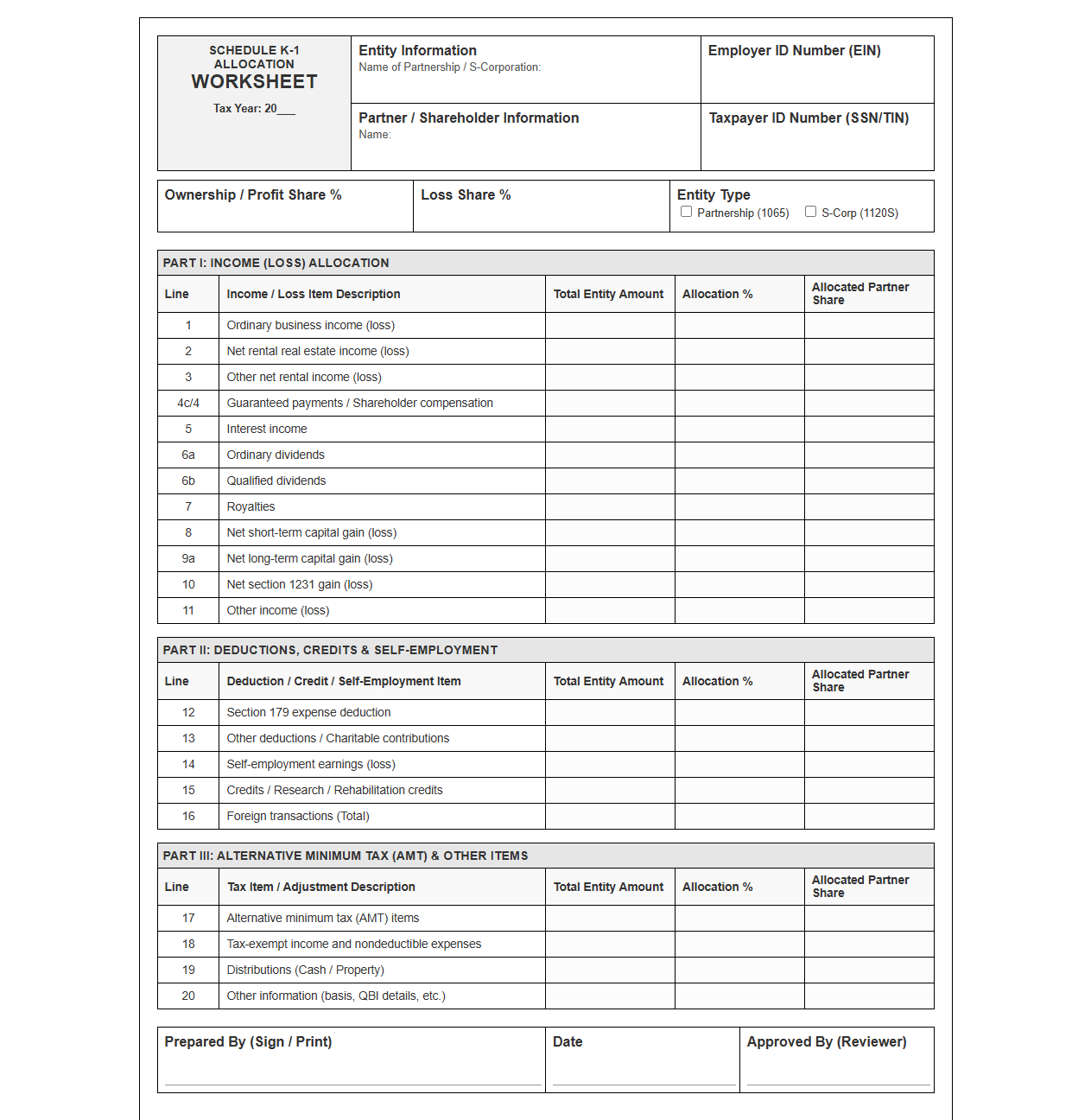 Schedule K-1 Tax Return Allocation Worksheet