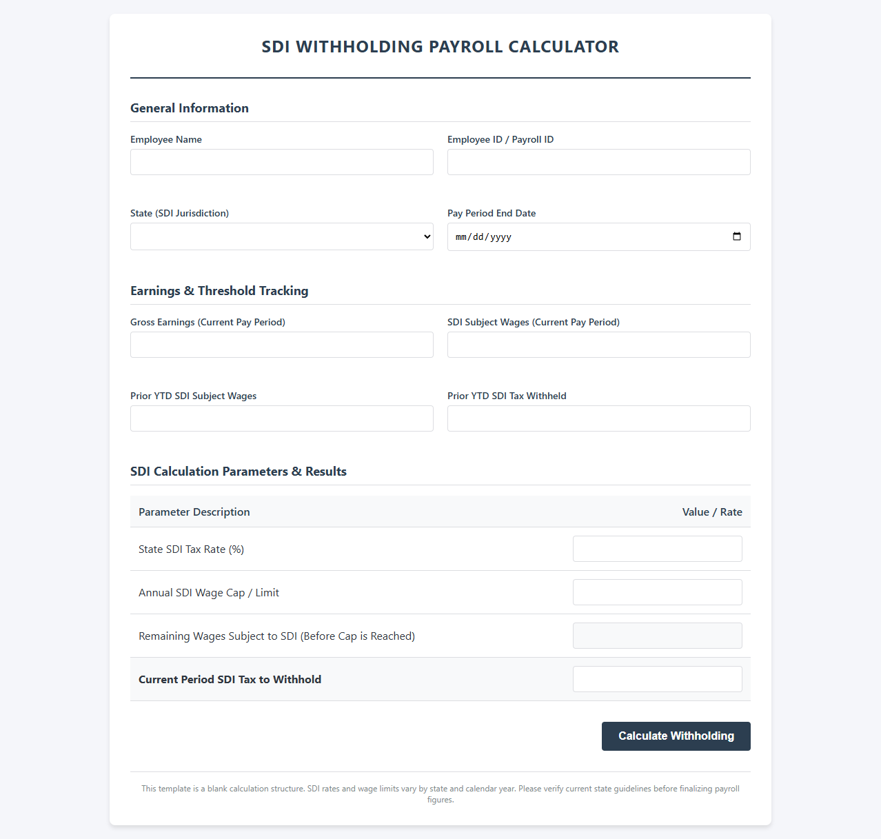 SDI Withholding Payroll Calculator Template