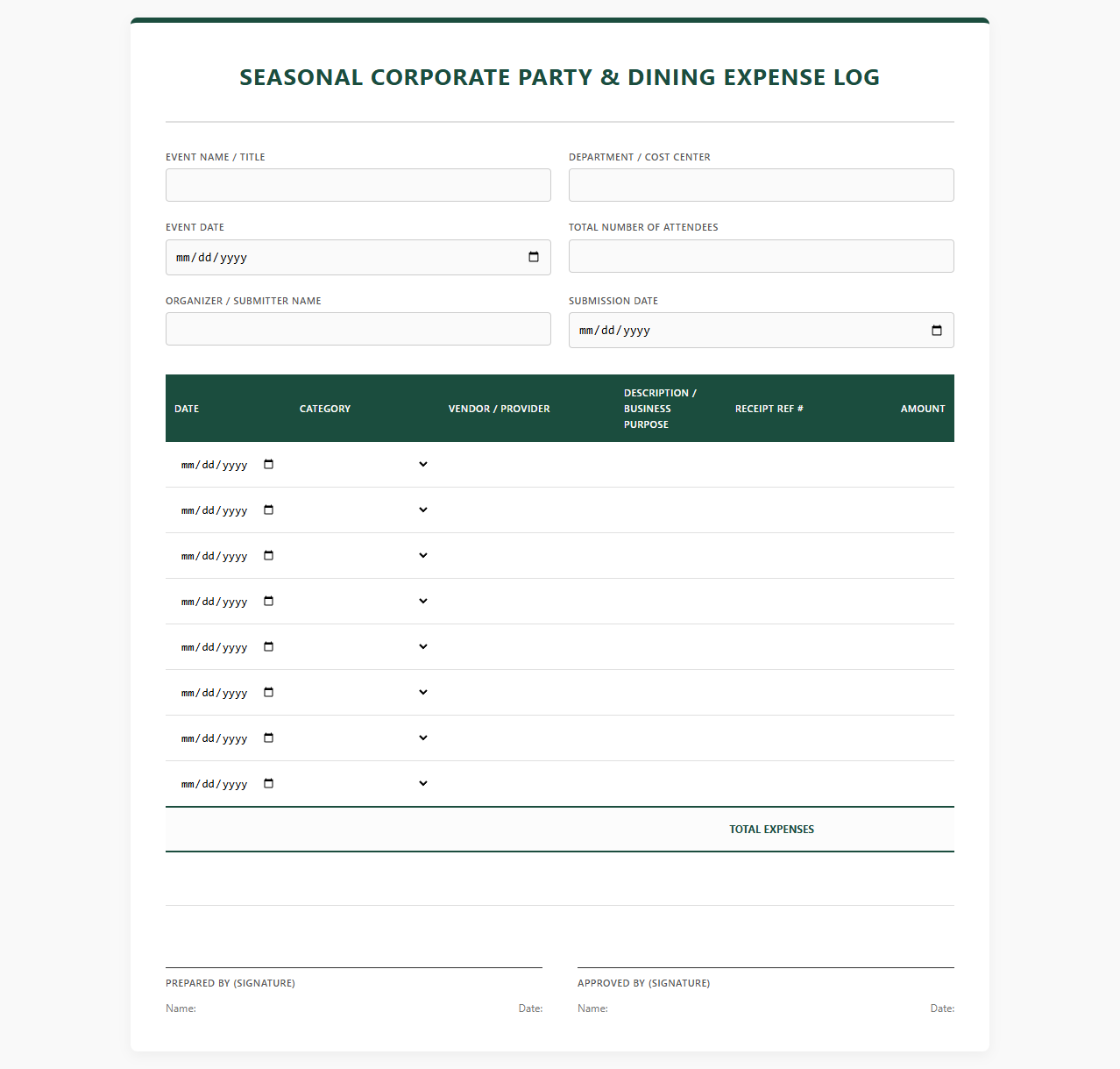 Seasonal Corporate Party and Dining Expense Log